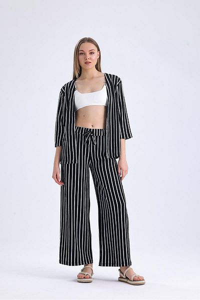 Miss Murem Striped Raschel Set-STriped BLACK