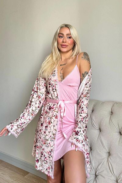 Pijamaevi Light Pink Svila Exclusive Knitted Nightgown with Dressing Gown Women's Pajamas Set