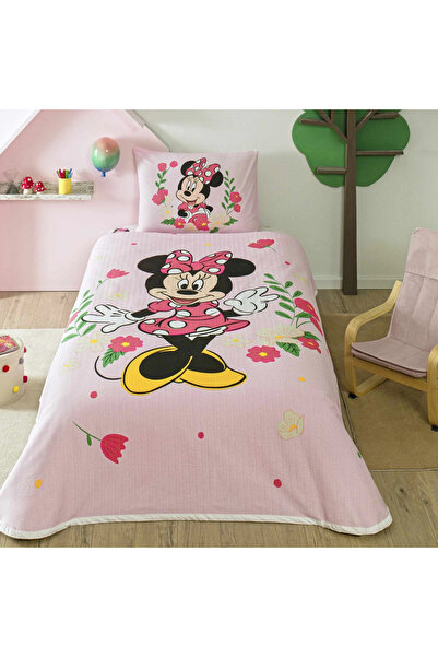 Taç Lisanslı Minnie Mouse Golden Tek Kişilik %100 Pamuk Pike Takımı