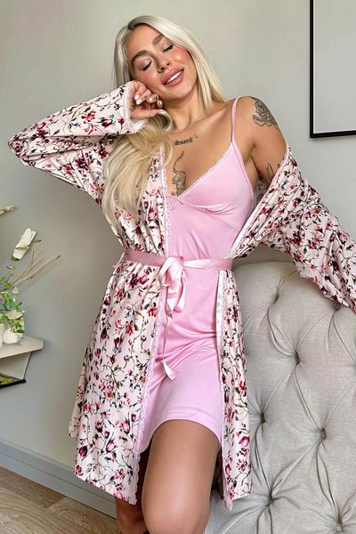 Pijamaevi Light Pink Svila Exclusive Knitted Nightgown with Dressing Gown Women's Pajamas Set