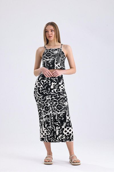 Miss Murem Rope Hanger Crop Skirt Set-ZR BLACK
