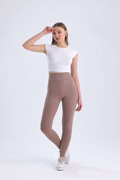 Miss Murem Milk Brown Colored Wide Belt Ribbed LeggingS