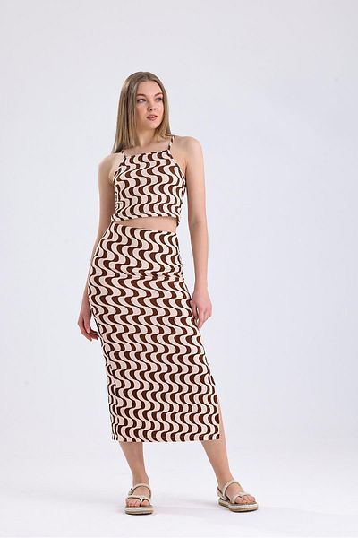 Miss Murem Ribbon Brown Rope Strap Crop Skirt Suit