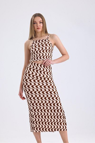 Miss Murem Ribbon Brown Rope Strap Crop Skirt Suit