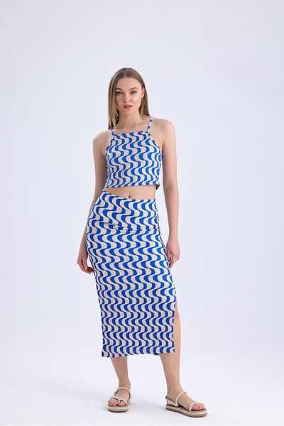 Miss Murem Rope Hanger Crop Skirt Set-RIBBON SAX