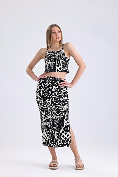 Miss Murem Rope Hanger Crop Skirt Set-ZR BLACK
