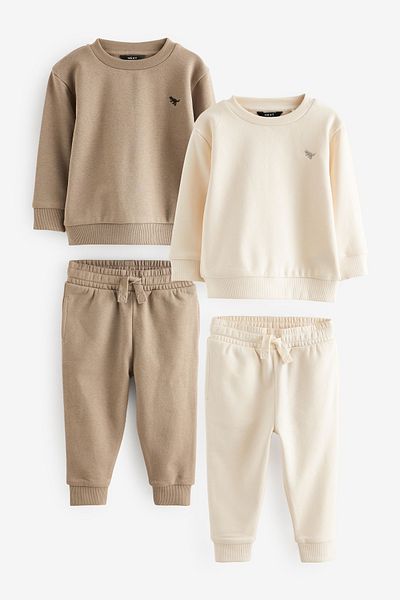 Next Baby Cotton Cream Brown Sweatshirt Jogger Top and Bottom Set