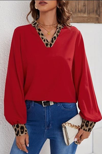 ESSFASIHON Long Sleeve Collar and Sleeve Sandy Blouse with Leopard Garnish