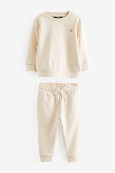 Next Baby Cotton Cream Brown Sweatshirt Jogger Top and Bottom Set