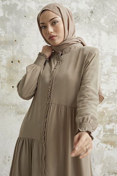 InStyle Asymmetric Cut Ferace with Ruffle Placket - Beige