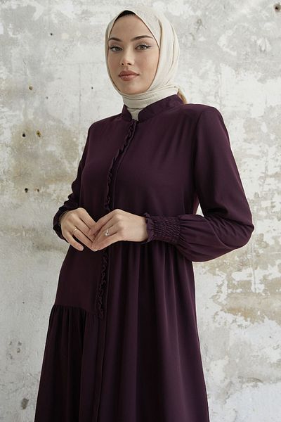 InStyle Asymmetric Cut Ferace with Ruffle Placket - Plum