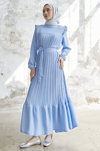 InStyle Ruffle Shoulder Pleated Linen Dress - Baby Blue