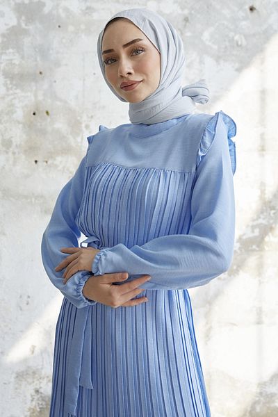 InStyle Rochie cu umeri plisate din in - Baby Blue