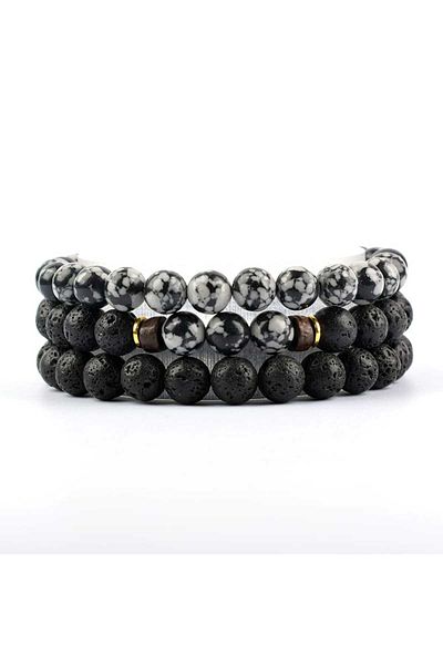 platin hediyelik 8 mm Obsidian - Lava Stone Combination Bracelet