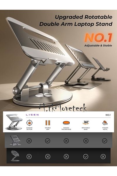 m.tk moveteck LP06 360 °   حامل كمبيوتر محمول معدني قابل للتعديل - متوافق مع أجهزة Macbook وNotebook وiPad Tablet 10 بوصة و17.3 بوصة باللون الفضي
