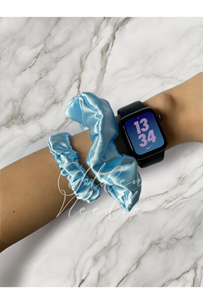 Golden Needle 2'li Bebek Mavisi Kadın Saten Scrunchie Lastik Toka
