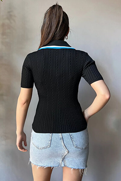 GÜLSELİ Black Self Patterned Women's Lycra Knitwear Blouse with Gold Button Detail