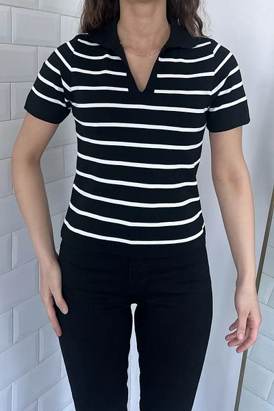 GÜLSELİ Bluză de damă din tricotaje din lycra cu dungi cu guler polo negru