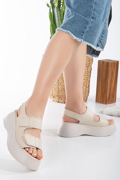 Dicle Stil Gia Velcro Platform Heeled Beige Skin Sandals