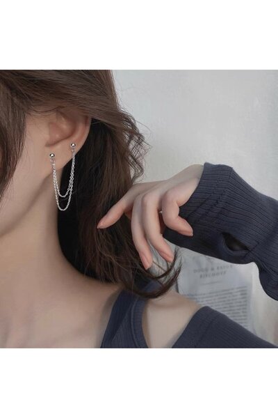 TakıConcept 2 Adet Kıkırdak Küpe, Zincirli Kadın Küpe