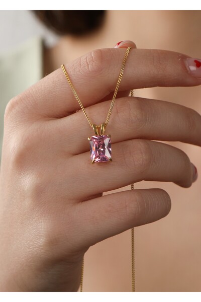 LİNOVE JEWELLERY 925 Ayar Gümüş Pembe Baget Kolye, Gümüş Üzeri 14K Altın Kapl...