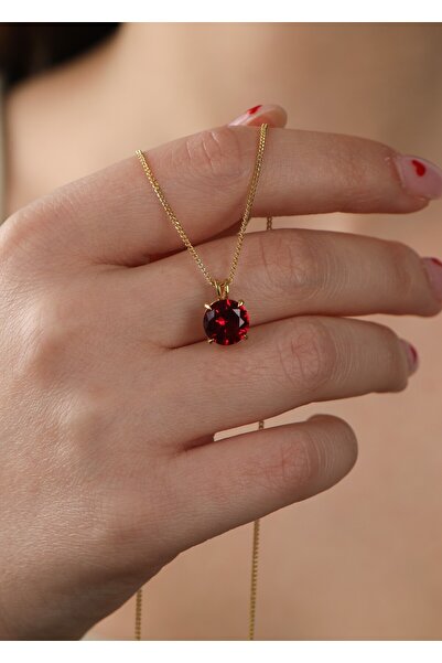 LİNOVE JEWELLERY Yakut Gümüş Kolye, 925 Ayar Gümüş Doğum Taş Kolye, Kırmızı Z...