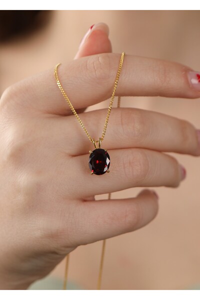 LİNOVE JEWELLERY Garnet Gümüş Kolye 925 Ayar Gümüş Doğum Taş Kolye, Kırmızı G...