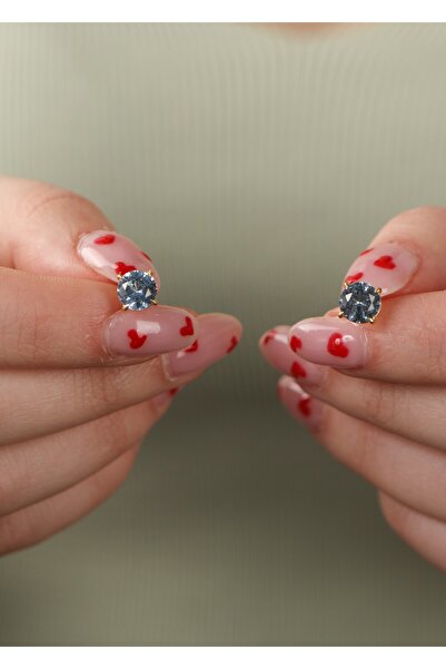 LİNOVE JEWELLERY Aquamarin Tek Taş Küpe 925 Ayar Gümüş Üzeri Altın Kaplama Kü...