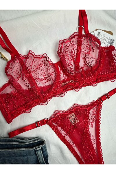 Masal Lingerie Women's Capless Underwire Red Drop Patterned Lace Bralet Bra Set