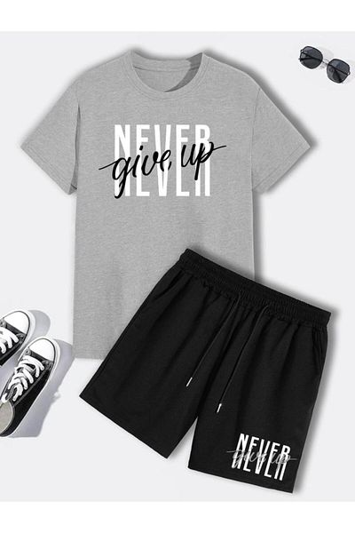 LA VESTİTİ Unisex Gray Printed T-Shirt-Black Shorts-Summer