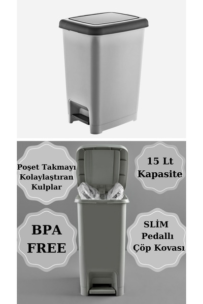 PONÇİK BEBEK Pedallı Sedefli Gri-Siyah Banyo Mutfak Çöp Kovası Siyah Kapaklı ...