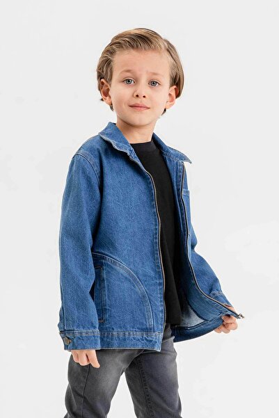 Gold Class Kidswear Fermuarlı Çift Cepli Tek Göğüs Cepli Erkek Çocuk Kot Ceket