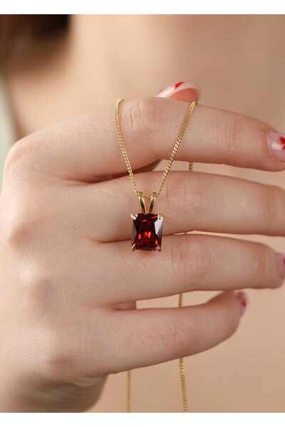 LİNOVE JEWELLERY Garnet Gümüş Kolye 925 Ayar Gümüş Doğum Taş Kolye, Baget Gar...