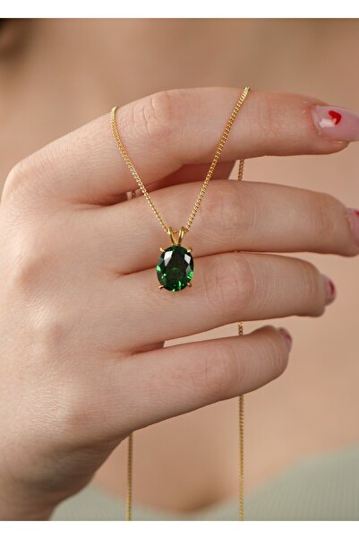 LİNOVE JEWELLERY Emerald Gümüş Kolye, 925 Ayar Gümüş Doğum Taş Kolye, Oval Ye...