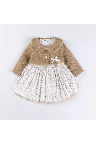 DIDuStore Kız Bebek Zarif Çiçekli Elbise ve Kabarık Yelek Seti