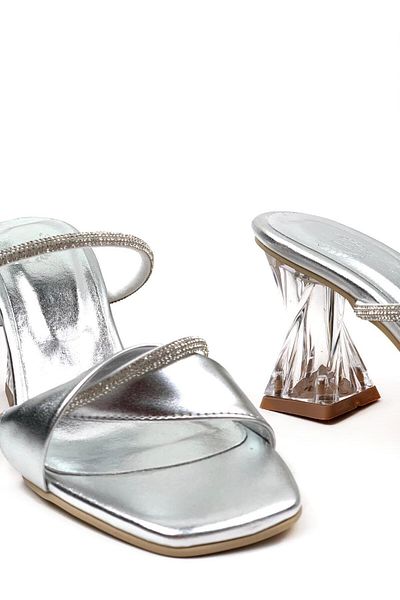 bescobel Women's Platinum Nomyer Single Band Double Stone Transparent Twist Heel Slippers