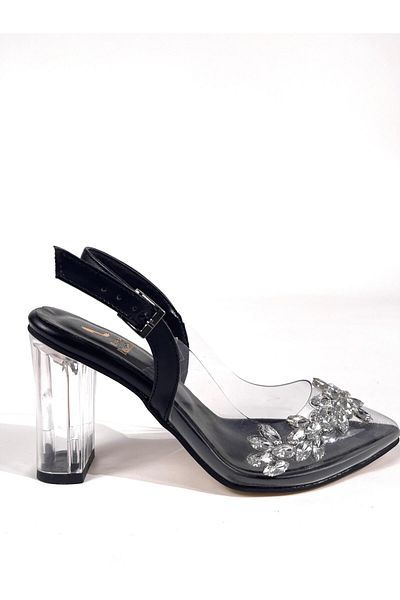 bescobel Pantofi de damă negri Missy cu toc transparent, 10 cm, frunze de piatră, cu curea la gleznă