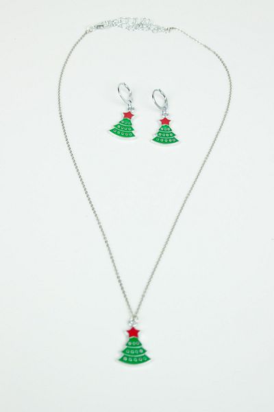 Pridza Pine Tree Christmas Themed Necklace Earring Set