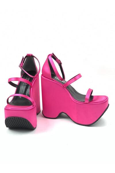 bescobel Women's Fuchsia Sofyan Satin High Wedge Platform Ankle Strap Sandals