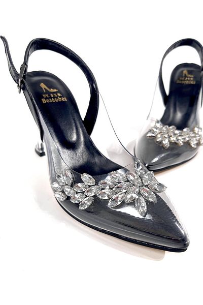 bescobel Pantofi de damă negri Missy cu toc transparent, 10 cm, frunze de piatră, cu curea la gleznă