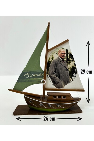 AYHAN KOTRA Atatürk Baskılı Bez Yelkenli, Ahşap Maket Gemi Modeli El Yapımı E...