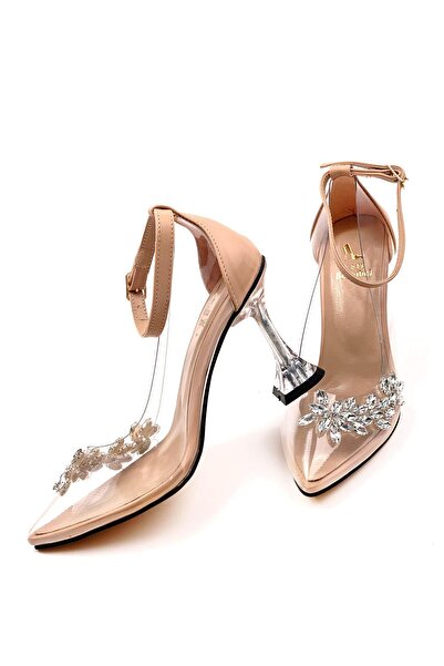 bescobel Women's Nut Ferna Helmet Goblet Champagne Heel Leaf Stone 10 Cm Transparent Heel Shoes
