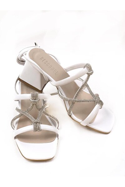 bescobel Women's Kemes White Heeled Ankle Strap Stone Sandals Shoes