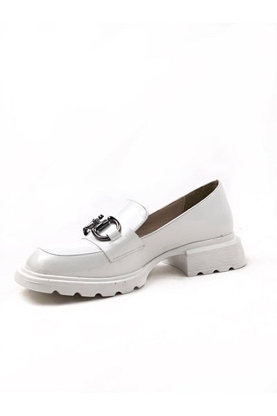 bescobel Women's White Merta Buckle Patent Leather Loafer Casual Shoes