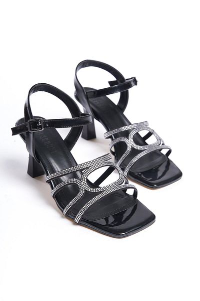 bescobel Women's Sefma Patent Leather Black Thin Heel Stone Sandals 8 cm Heels 206