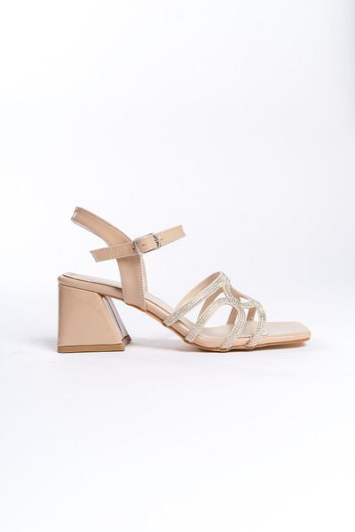 bescobel Women's Pedma Patent Leather Nut Low Thick Heel Stone Sandals 5 cm 205