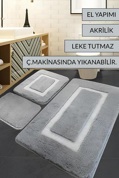 England London Polo Club Hayal Set of 3 PL379 100% Handmade Acrylic Yarn Machine Washable Bath Mat Rug Toilet Seat Set