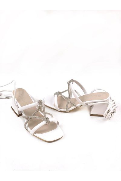 bescobel Women's Kemes White Heeled Ankle Strap Stone Sandals Shoes
