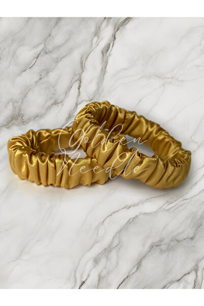 Golden Needle Yellow Women's Satin Fabric Small Scrunchie Bracelet Bagel 2-Pi...