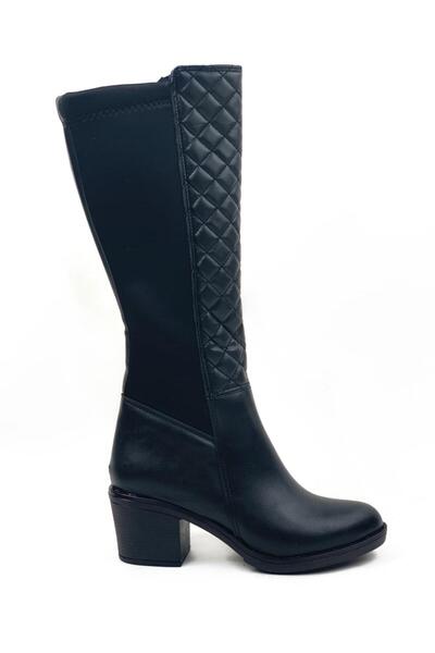bescobel Women's Black Quilted Patterned Heeled Stretch Boots